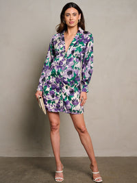 WOMEN'S LONG SLEEVE V-NECK BUTTON UP FLORAL PRINT MINI DRESS