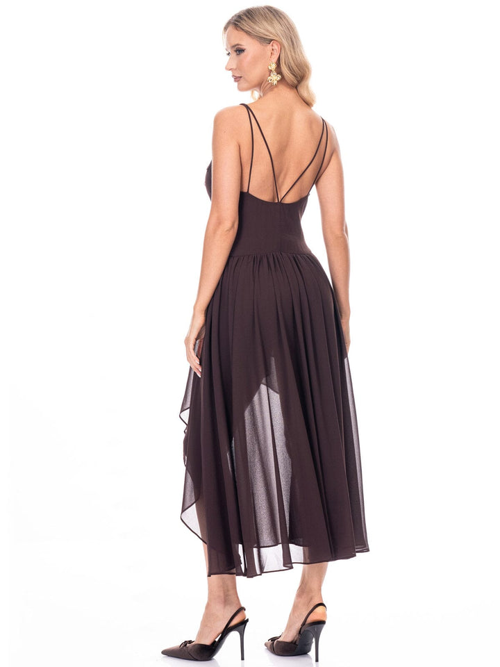 WOMEN'S SLEEVELESS V-NECK HIGH-LOW LACE SHEER MIDI DRESS