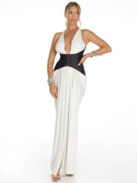 WOMEN'S SLEEVELESS V-NECK HALTER OPEN BACK DENIM CONTRAST MAXI DRESS