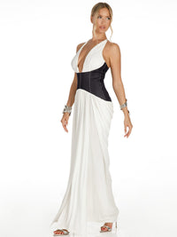 WOMEN'S SLEEVELESS V-NECK HALTER OPEN BACK DENIM CONTRAST MAXI DRESS