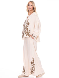 WOMEN'S LONG SLEEVE BLOUSE & ELASTIC WAIST EMBROIDERY 2PC. SET