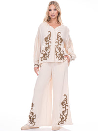 WOMEN'S LONG SLEEVE BLOUSE & ELASTIC WAIST EMBROIDERY 2PC. SET