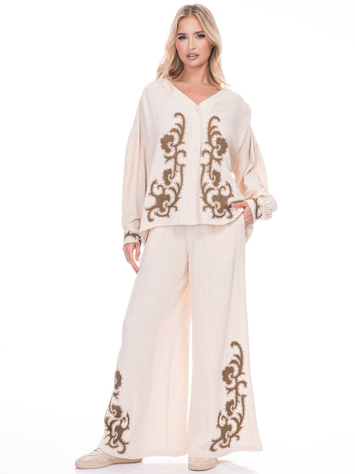 WOMEN'S LONG SLEEVE BLOUSE & ELASTIC WAIST EMBROIDERY 2PC. SET