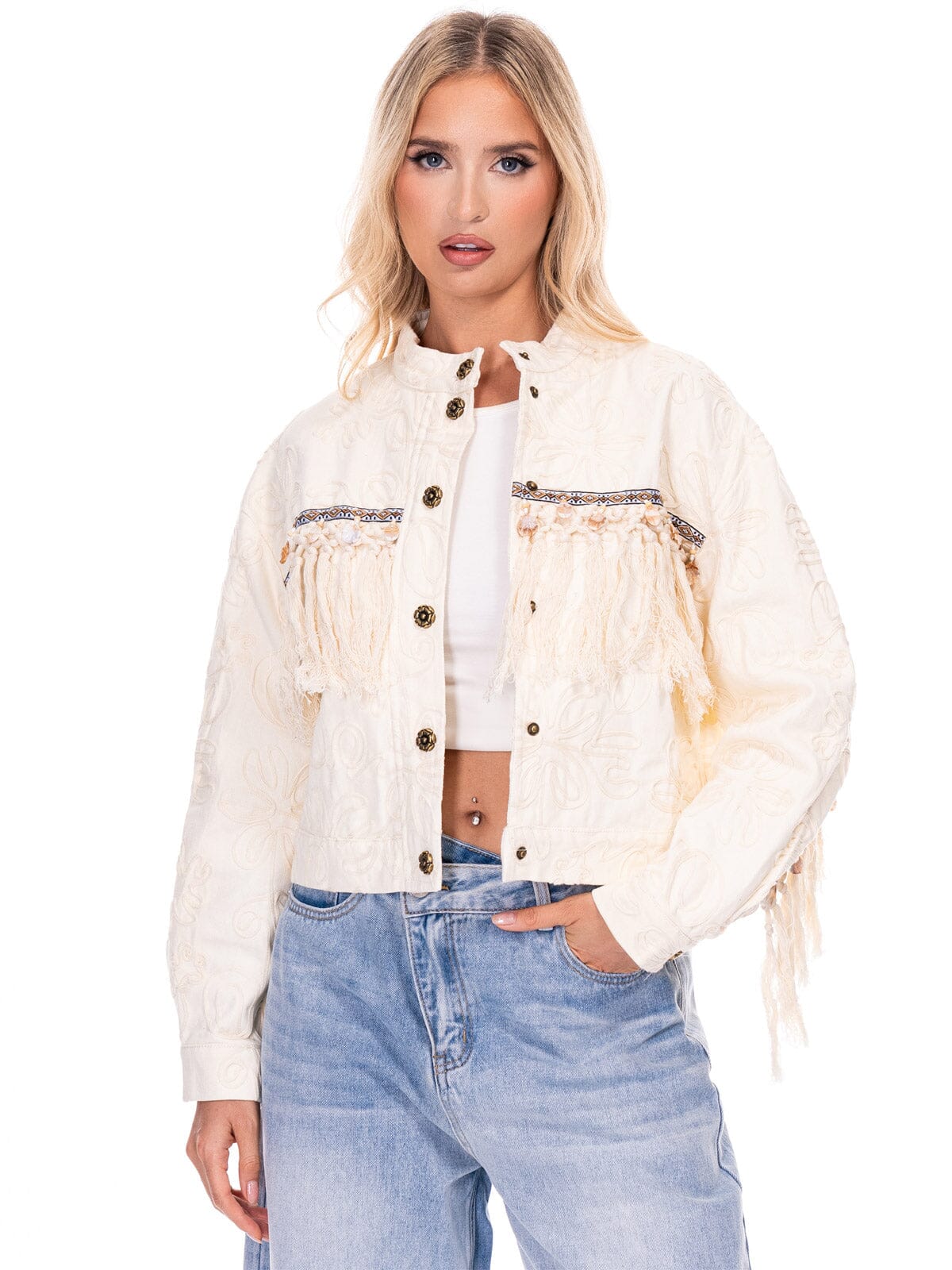 WOMEN'S LONG SLEEVE BUTTON UP FRINGE DETAILED DENIM JACKET
