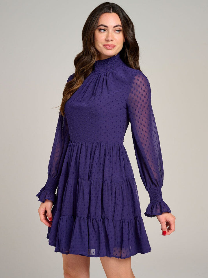 WOMEN'S LONG SLEEVE MOCK NECK TIERED SWISS MINI DRESS