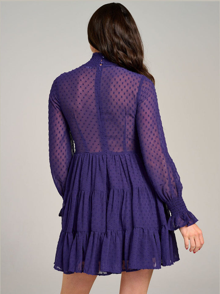 WOMEN'S LONG SLEEVE MOCK NECK TIERED SWISS MINI DRESS