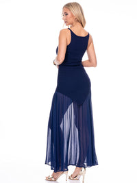 WOMEN'S SLEEVELESS SHEER KNIT CONTRAST MAXI DRESS