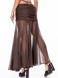 WOMEN'S ZIP UP MESH RUCHED MAXI SKIRT