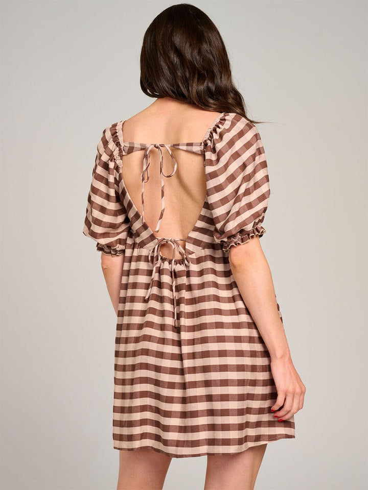 WOMEN'S SHORT PUFF SLEEVE OPEN BACK COLORBLOCK STRIPES MINI DRESS