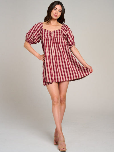 WOMEN'S SHORT PUFF SLEEVE OPEN BACK COLORBLOCK STRIPES MINI DRESS
