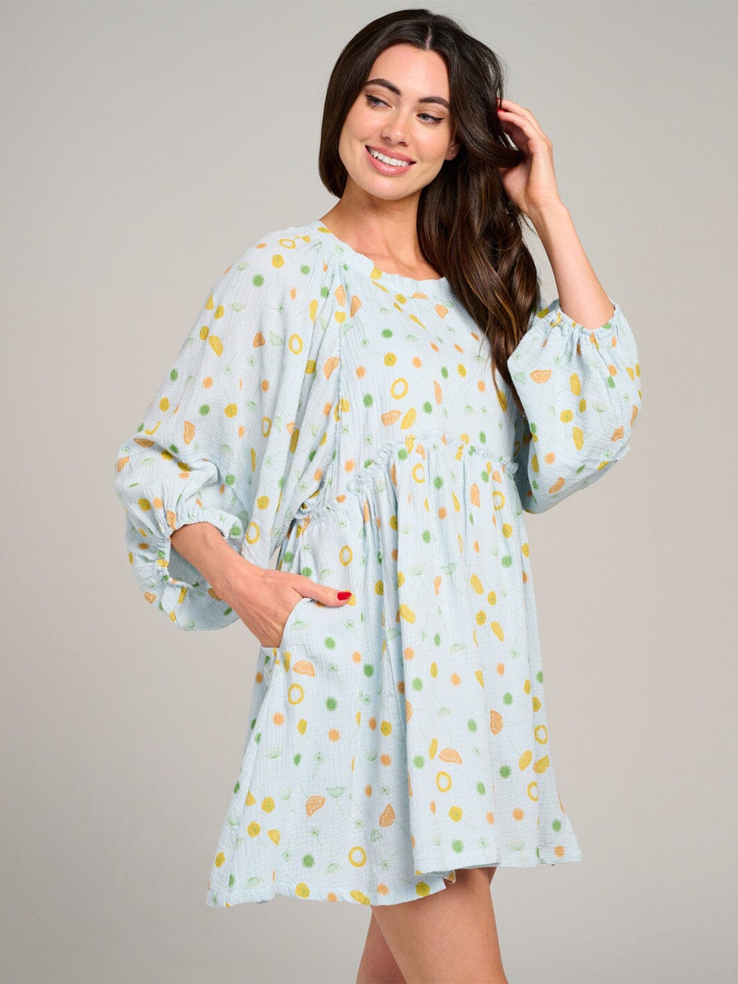 WOMEN'S LONG SLEEVE POCKETS PRINTED TUNIC MINI DRESS