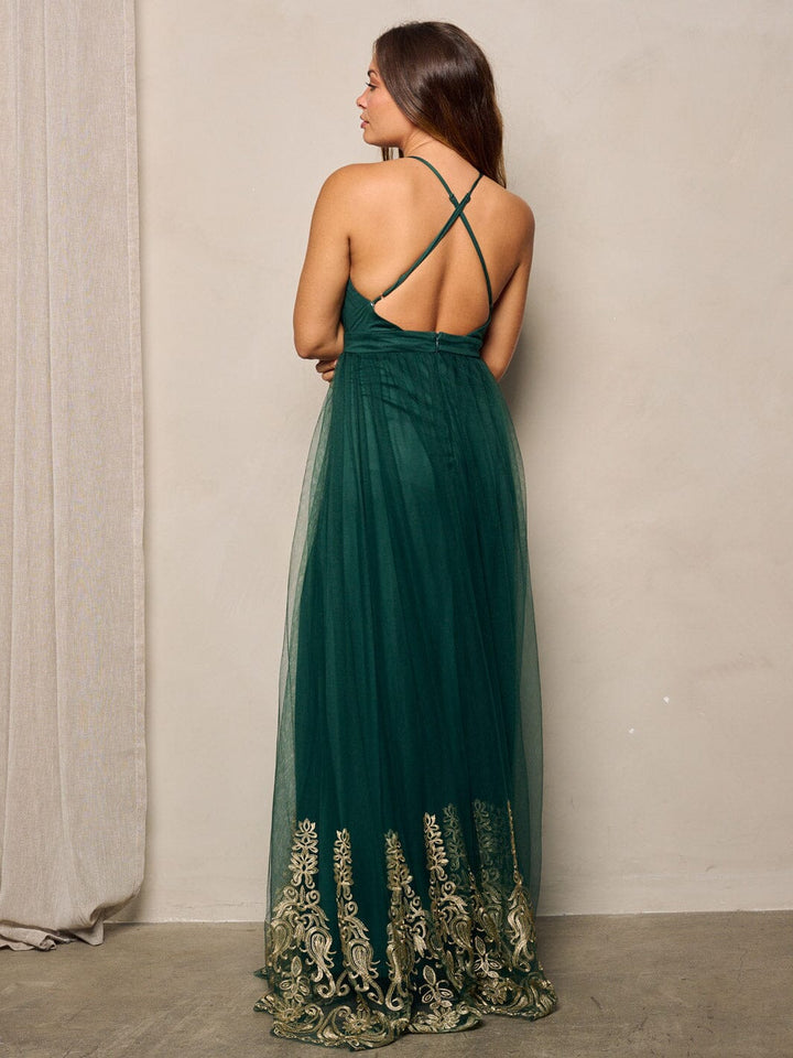 WOMEN'S SLEEVELESS V-NECK MESH DETAILED MAXI DRESS