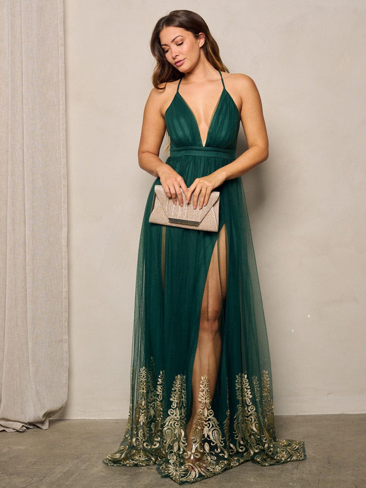 WOMEN'S SLEEVELESS V-NECK MESH DETAILED MAXI DRESS