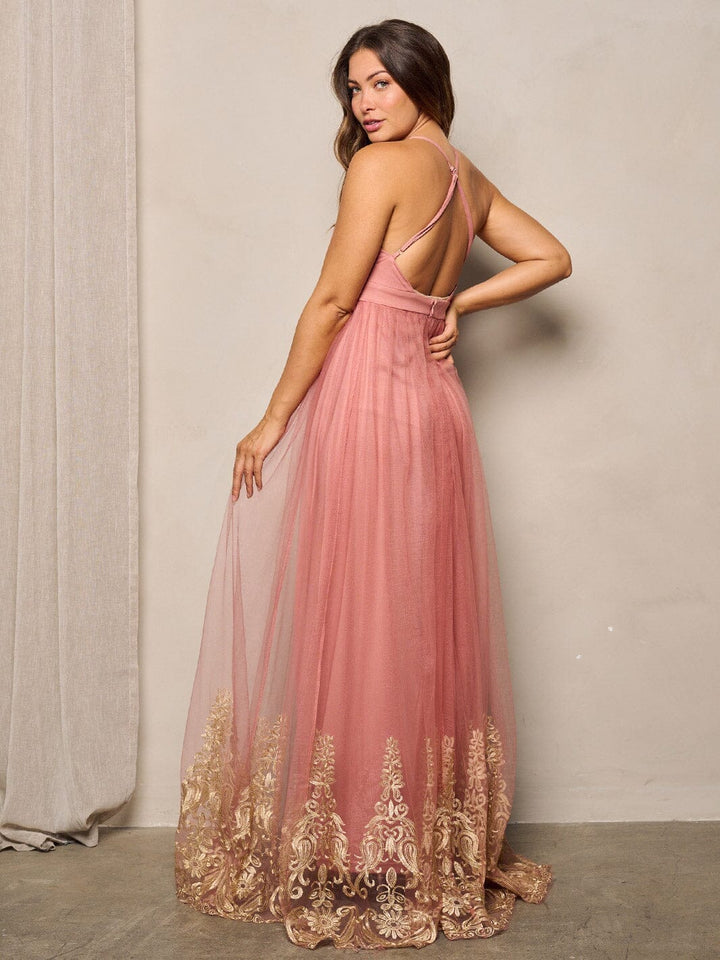 WOMEN'S SLEEVELESS V-NECK MESH DETAILED MAXI DRESS