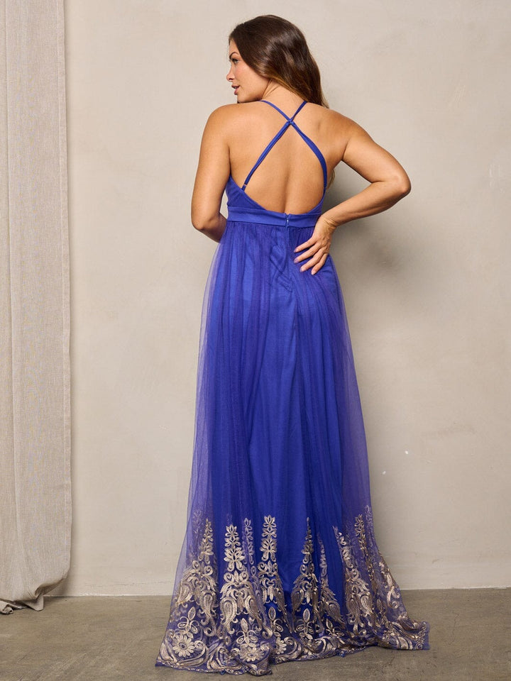 WOMEN'S SLEEVELESS V-NECK MESH DETAILED MAXI DRESS