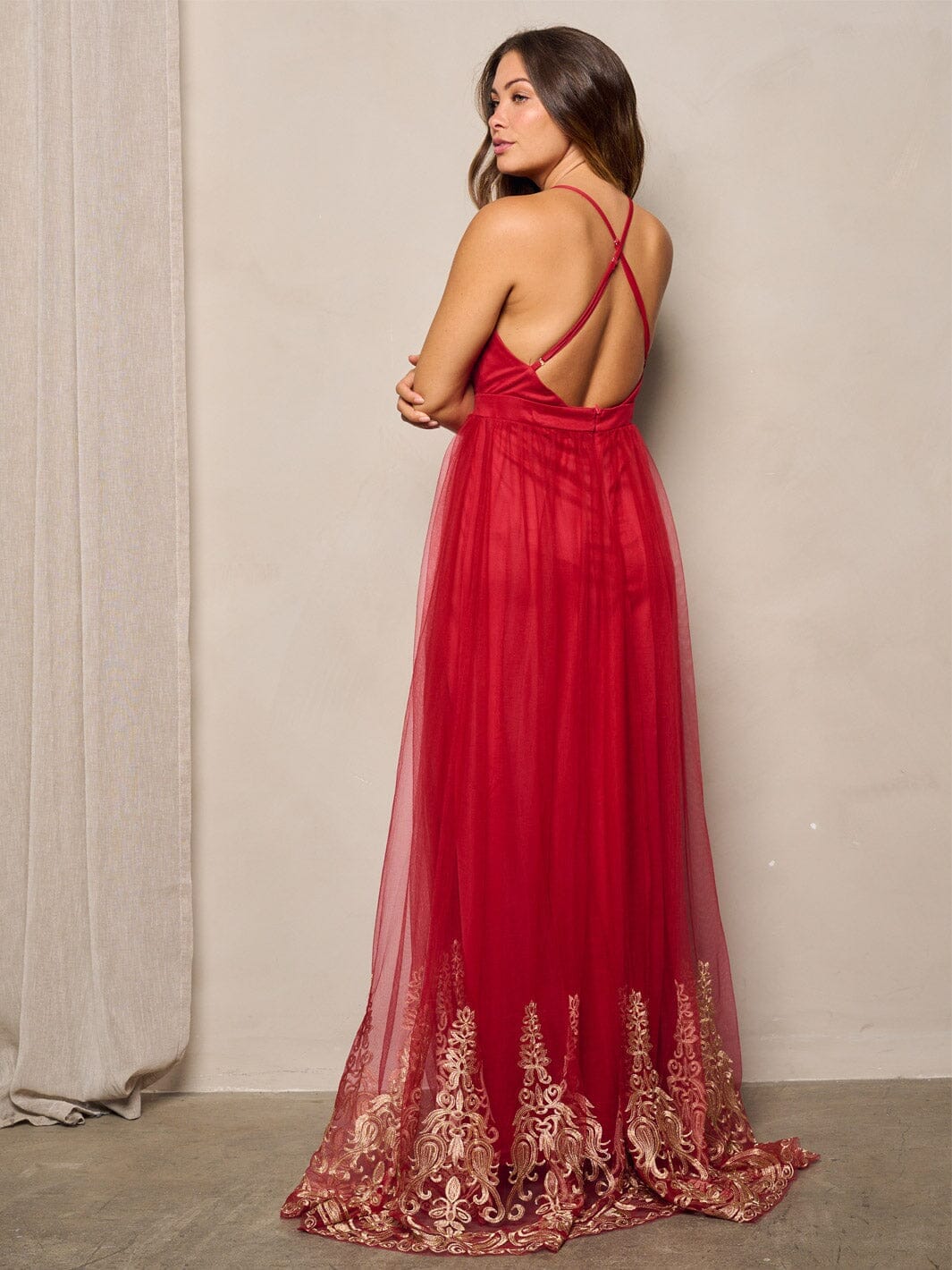 WOMEN'S SLEEVELESS V-NECK MESH DETAILED MAXI DRESS