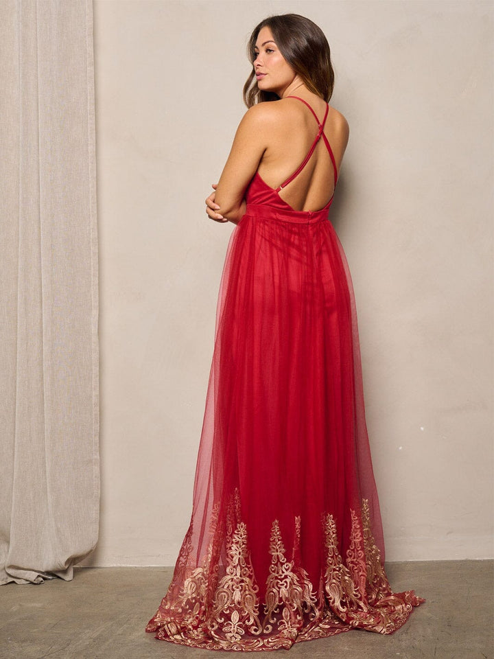 WOMEN'S SLEEVELESS V-NECK MESH DETAILED MAXI DRESS