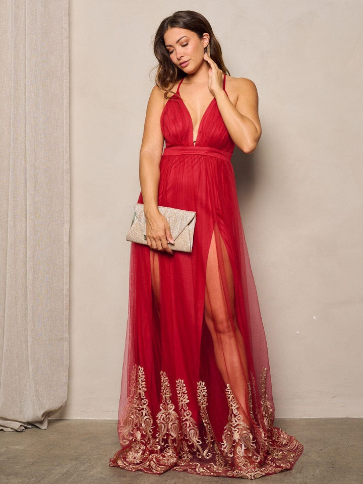 WOMEN'S SLEEVELESS V-NECK MESH DETAILED MAXI DRESS