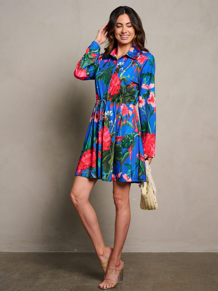 WOMEN'S LONG SLEEVE BUTTON CLOSURE ELASTIC WAIST FLORAL MINI DRESS