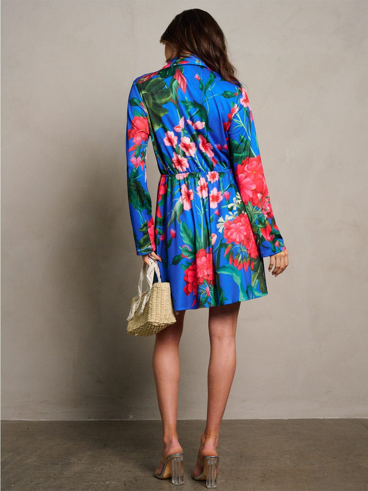 WOMEN'S LONG SLEEVE BUTTON CLOSURE ELASTIC WAIST FLORAL MINI DRESS