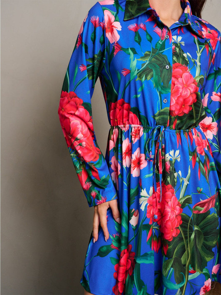 WOMEN'S LONG SLEEVE BUTTON CLOSURE ELASTIC WAIST FLORAL MINI DRESS