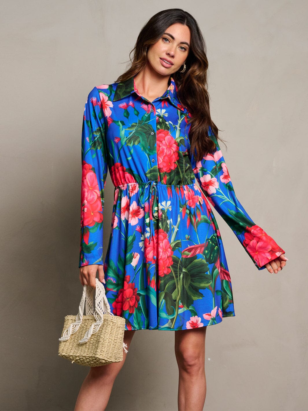 WOMEN'S LONG SLEEVE BUTTON CLOSURE ELASTIC WAIST FLORAL MINI DRESS