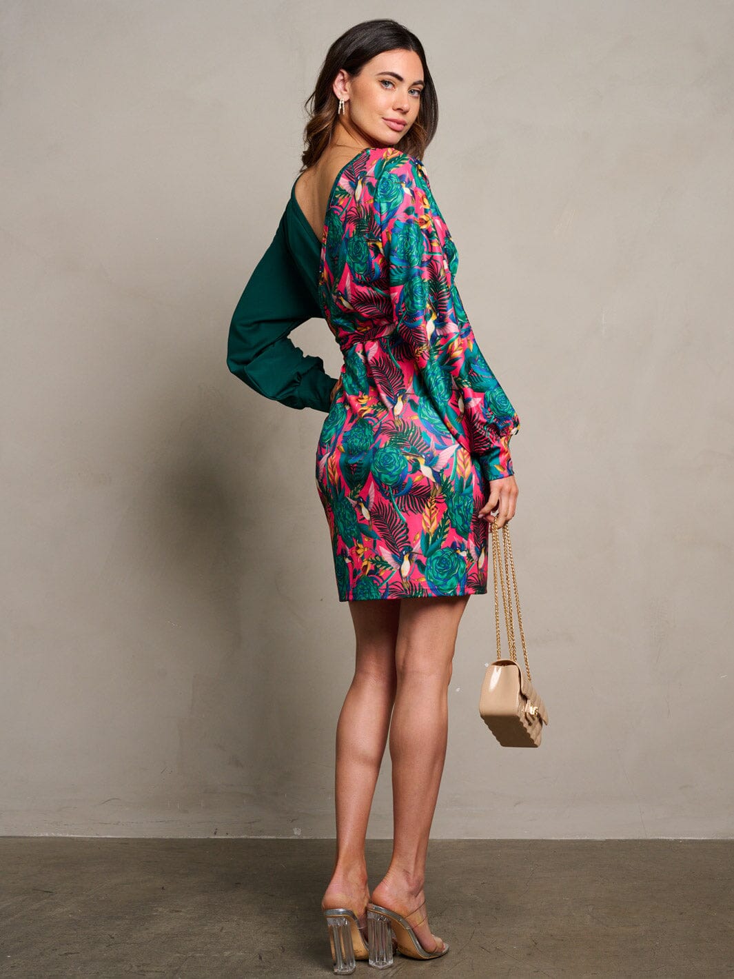 WOMEN'S LONG SLEEVE SURPLICE FLORAL CONTRAST MINI DRESS