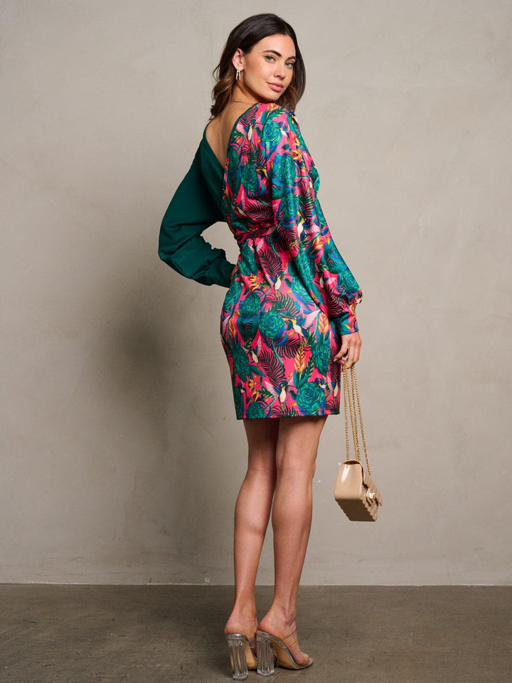 WOMEN'S LONG SLEEVE SURPLICE FLORAL CONTRAST MINI DRESS