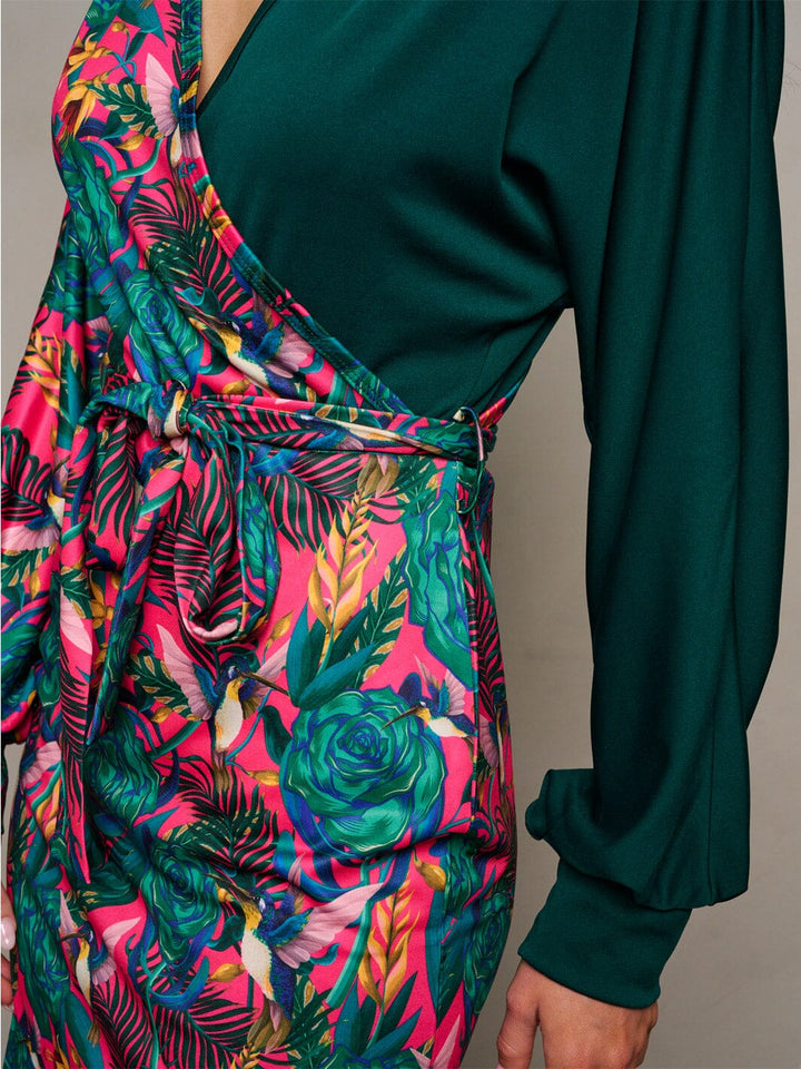 WOMEN'S LONG SLEEVE SURPLICE FLORAL CONTRAST MINI DRESS