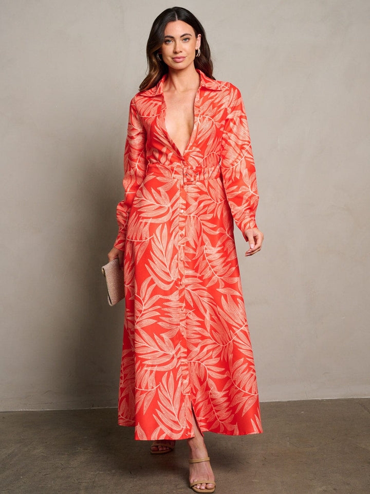 WOMEN'S LONG SLEEVE V-NECK LEAF PRINT MAXI DRESS