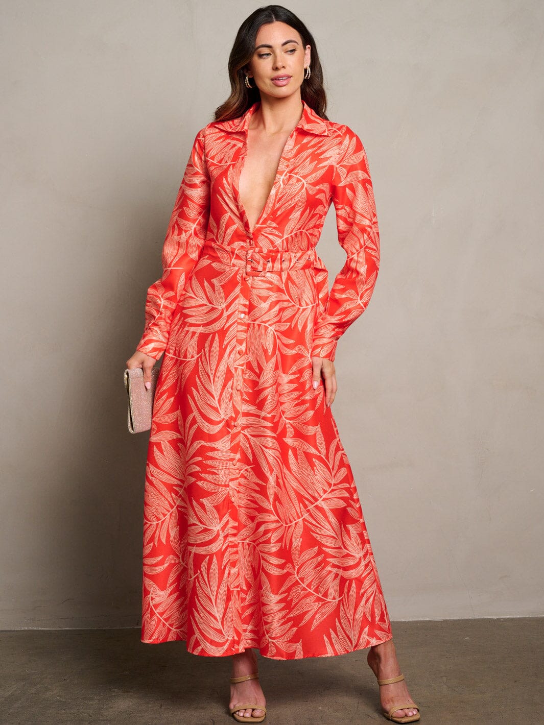 WOMEN'S LONG SLEEVE V-NECK LEAF PRINT MAXI DRESS