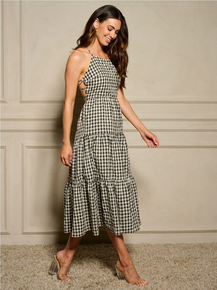 WOMEN'S SLEEVELESS OPEN BACK TIERED CHECKERS PRINT MAXI DRESS