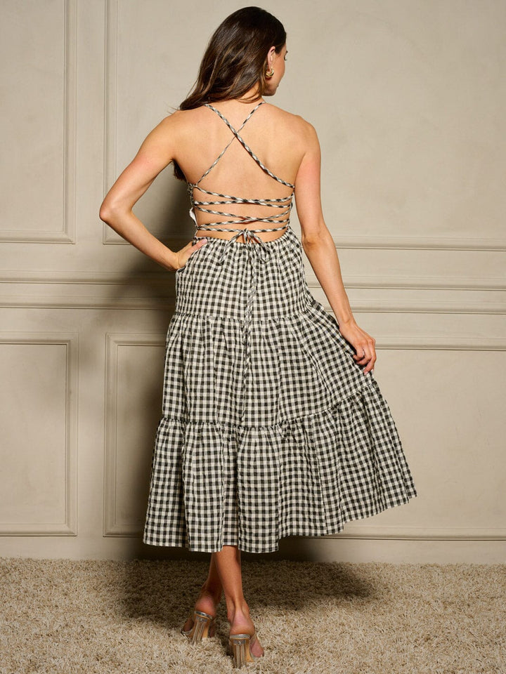 WOMEN'S SLEEVELESS OPEN BACK TIERED CHECKERS PRINT MAXI DRESS