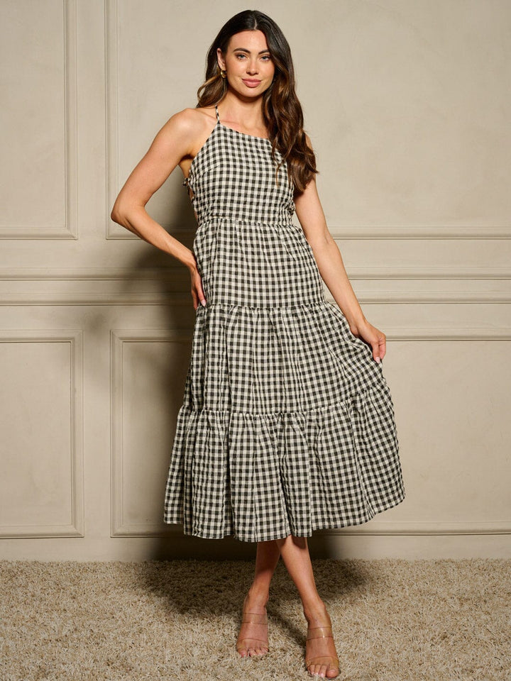 WOMEN'S SLEEVELESS OPEN BACK TIERED CHECKERS PRINT MAXI DRESS