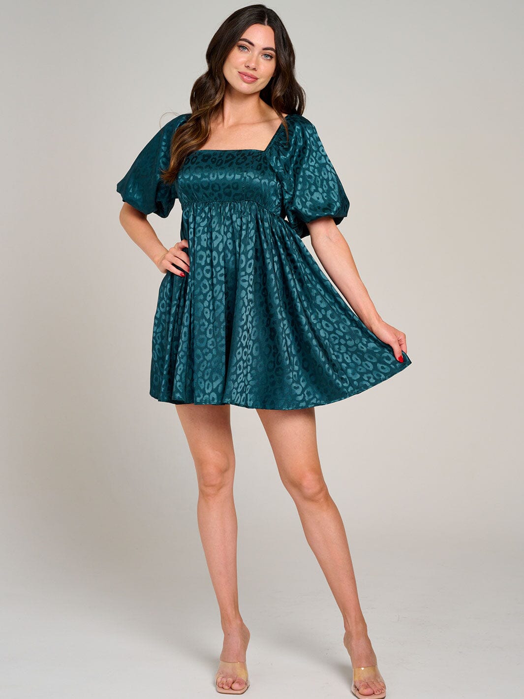 WOMEN'S SHORT PUFF SLEEVE SQUARE NECK FIT & FLARE MINI DRESS