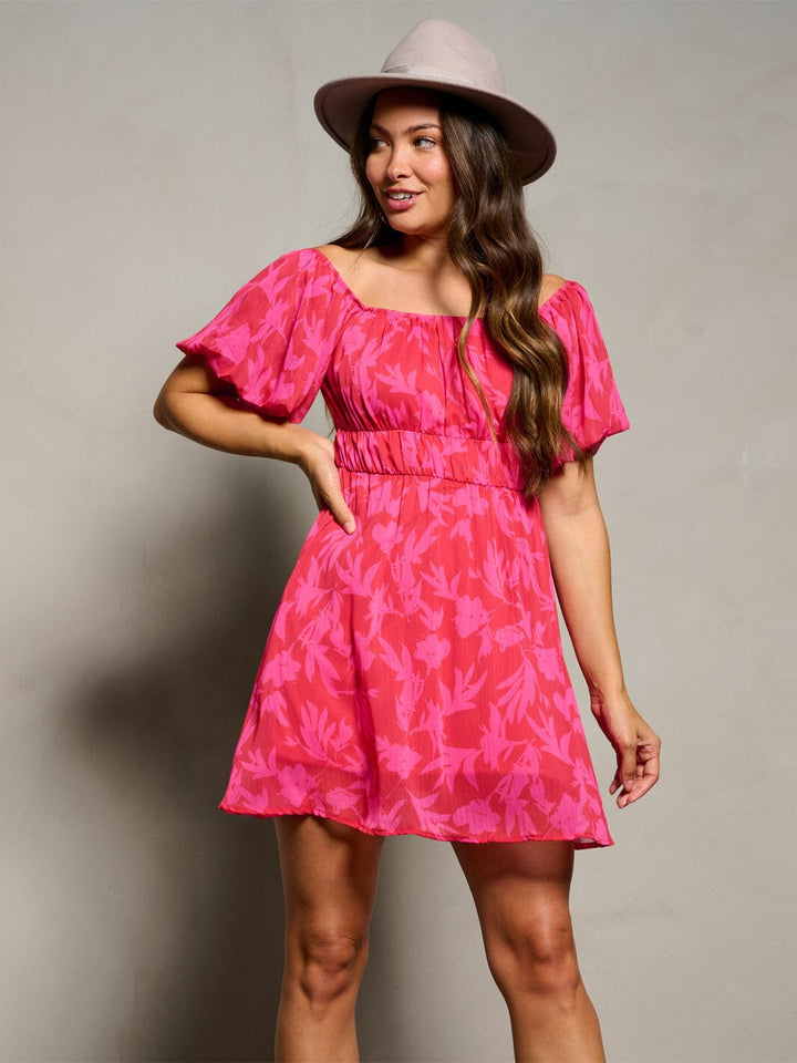 WOMEN'S SHORT PUFF SLEEVE ELASTIC WASIT FLORAL MINI DRESS