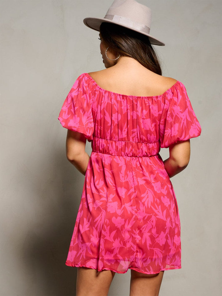 WOMEN'S SHORT PUFF SLEEVE ELASTIC WASIT FLORAL MINI DRESS