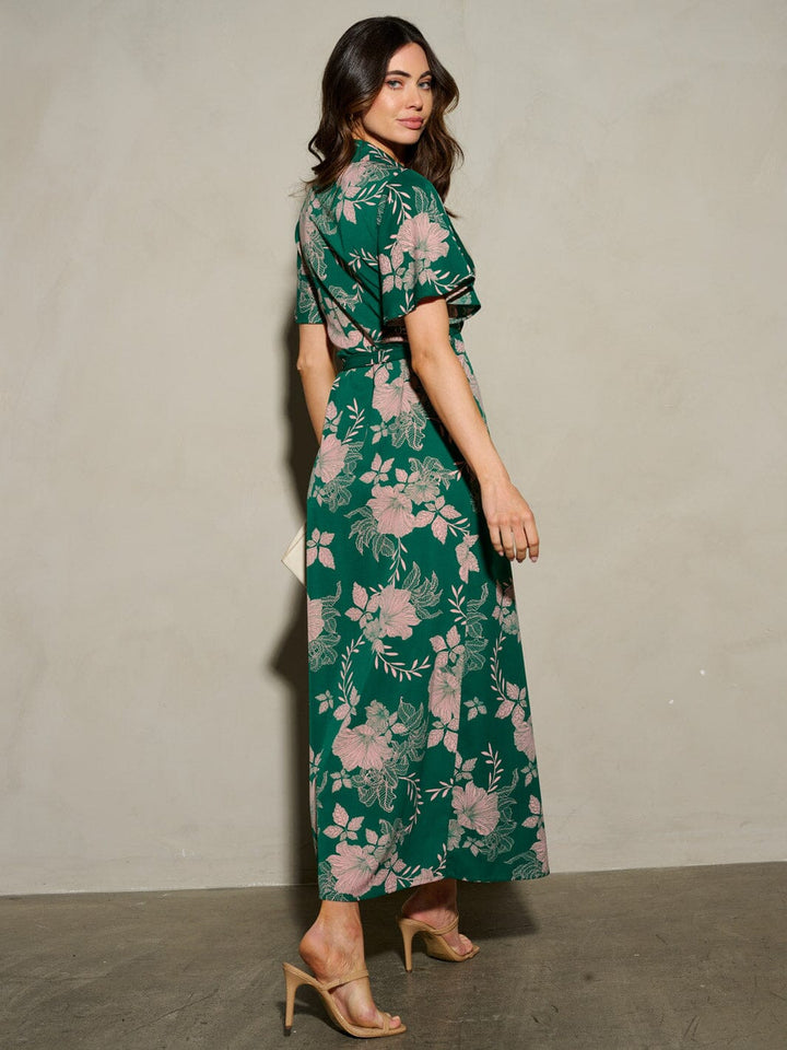 WOMEN'S SHORT SLEEVE SELF TIE FLORAL WRAP MAXI DRESS