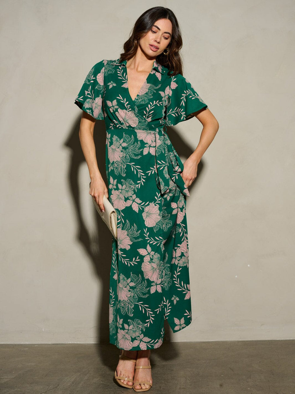WOMEN'S SHORT SLEEVE SELF TIE FLORAL WRAP MAXI DRESS