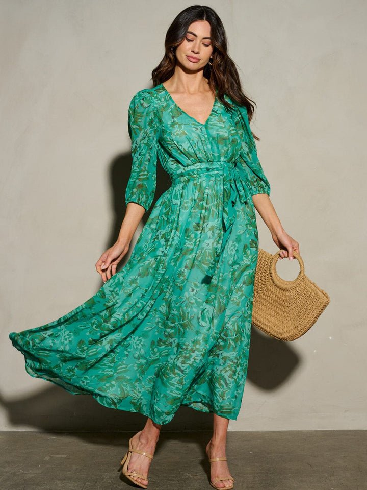 WOMEN'S 3/4 SLEEVE V-NECK FLORAL MAXI DRESS