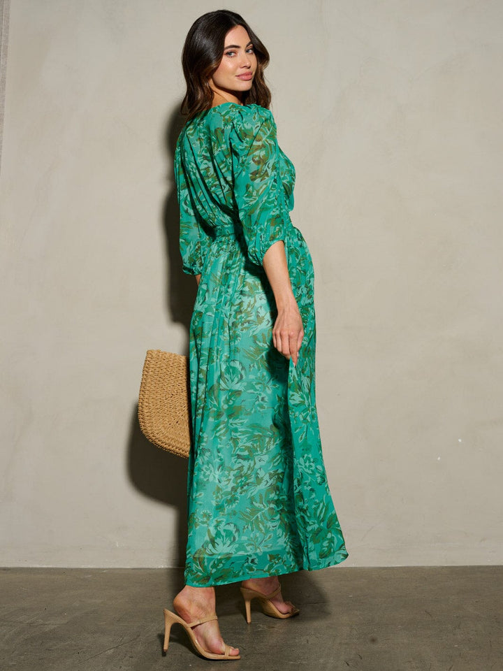 WOMEN'S 3/4 SLEEVE V-NECK FLORAL MAXI DRESS