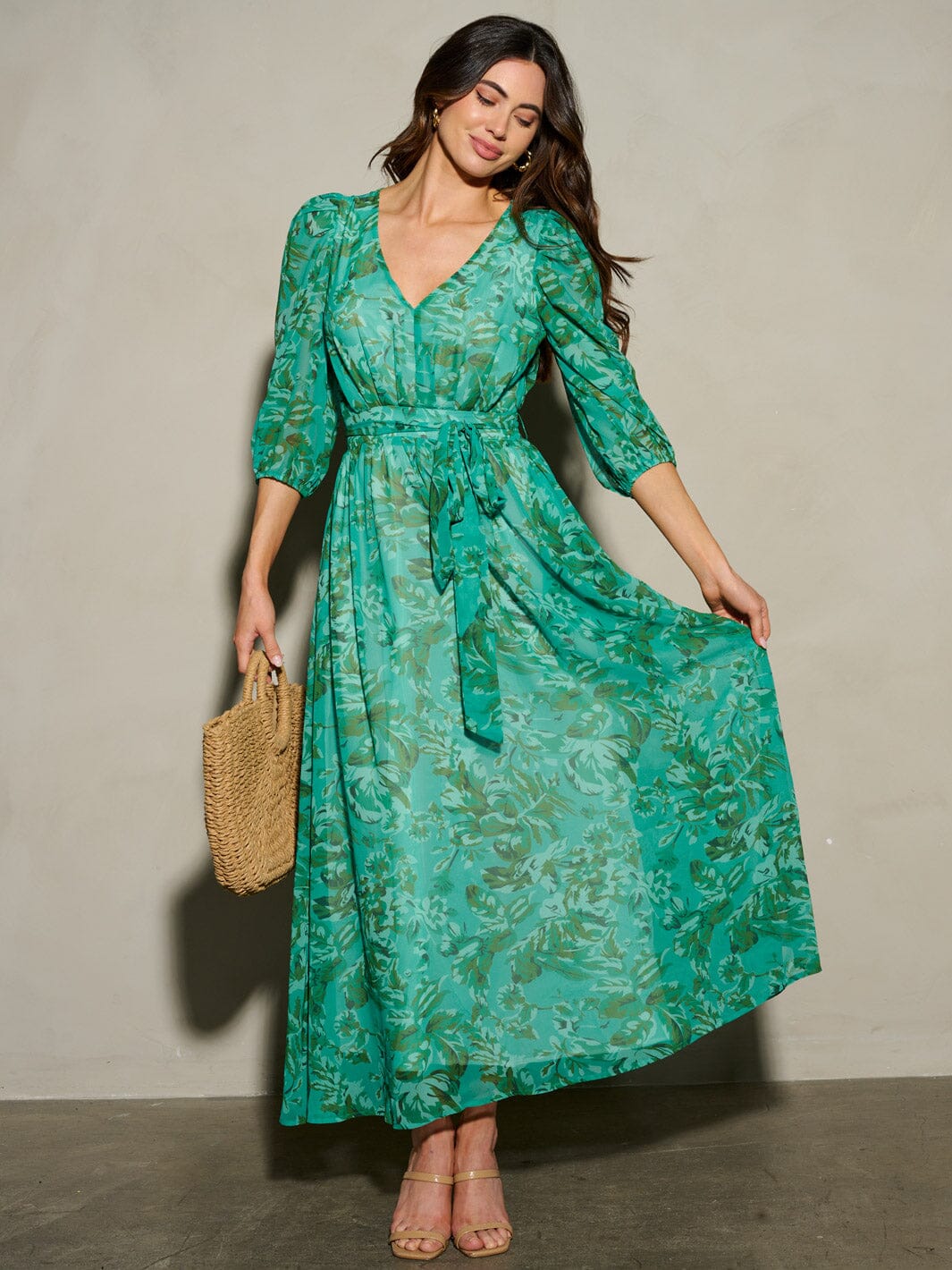 WOMEN'S 3/4 SLEEVE V-NECK FLORAL MAXI DRESS