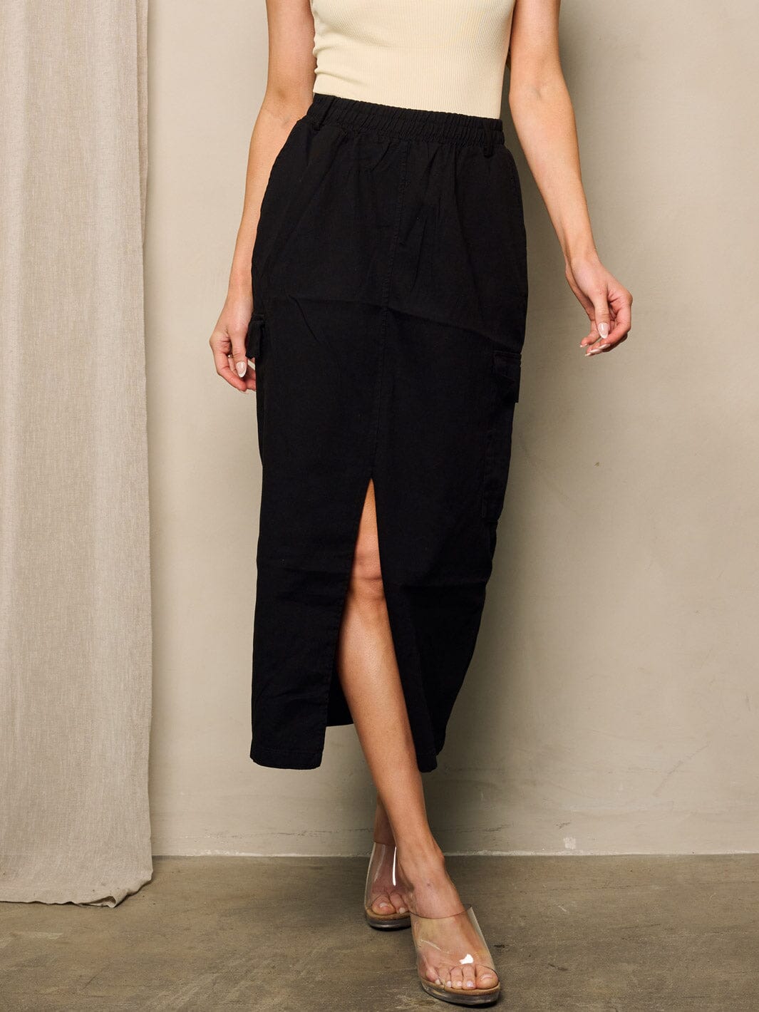 WOMEN'S ELASTIC WAIST FRONT SLIT POCKETS MIDI SKIRT