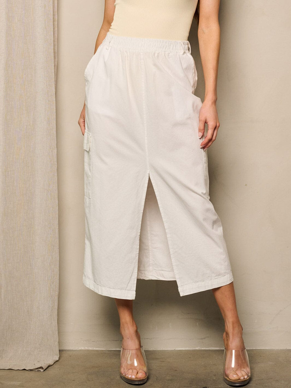 WOMEN'S ELASTIC WAIST FRONT SLIT POCKETS MIDI SKIRT