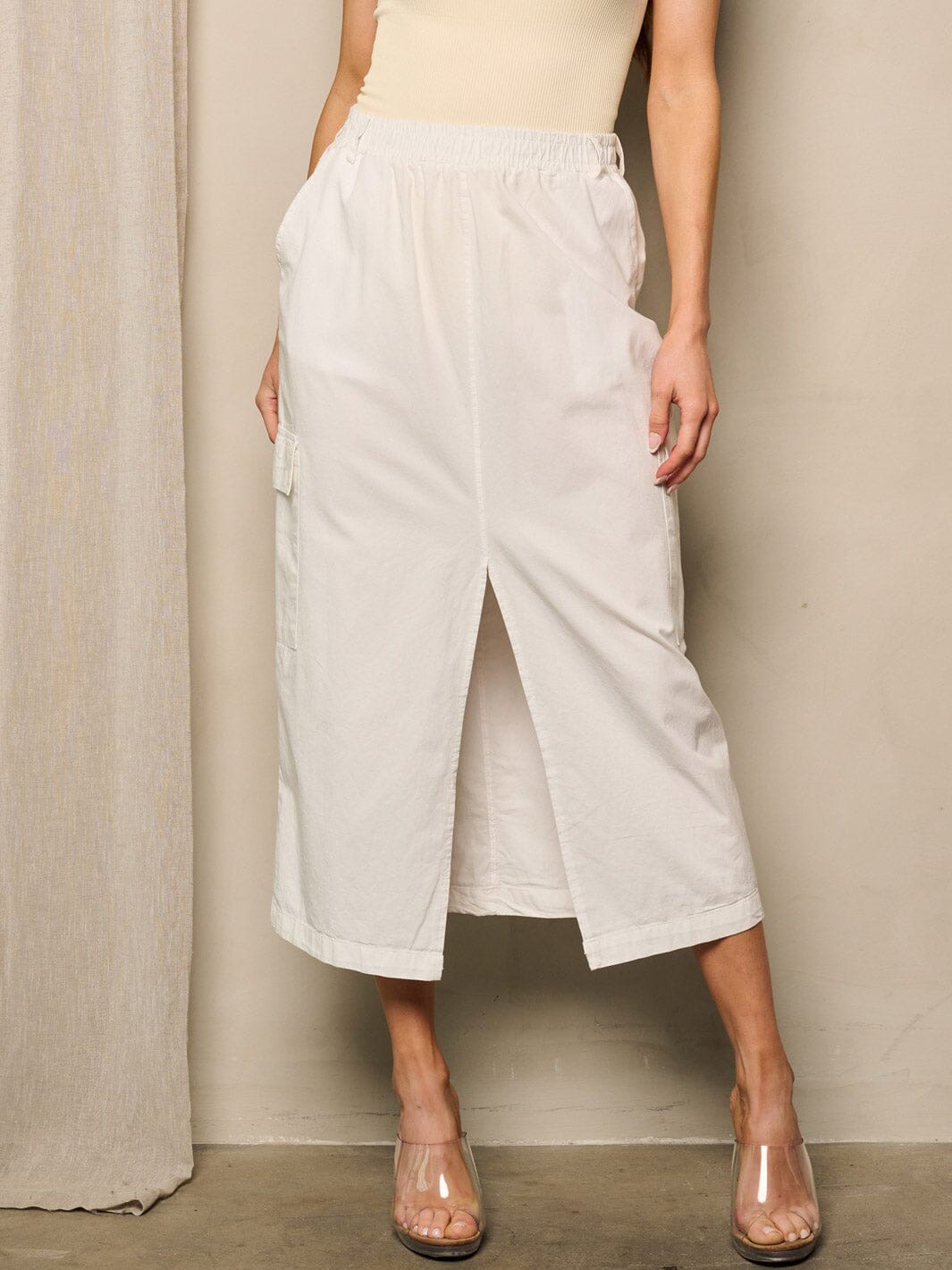 WOMEN'S ELASTIC WAIST FRONT SLIT POCKETS MIDI SKIRT