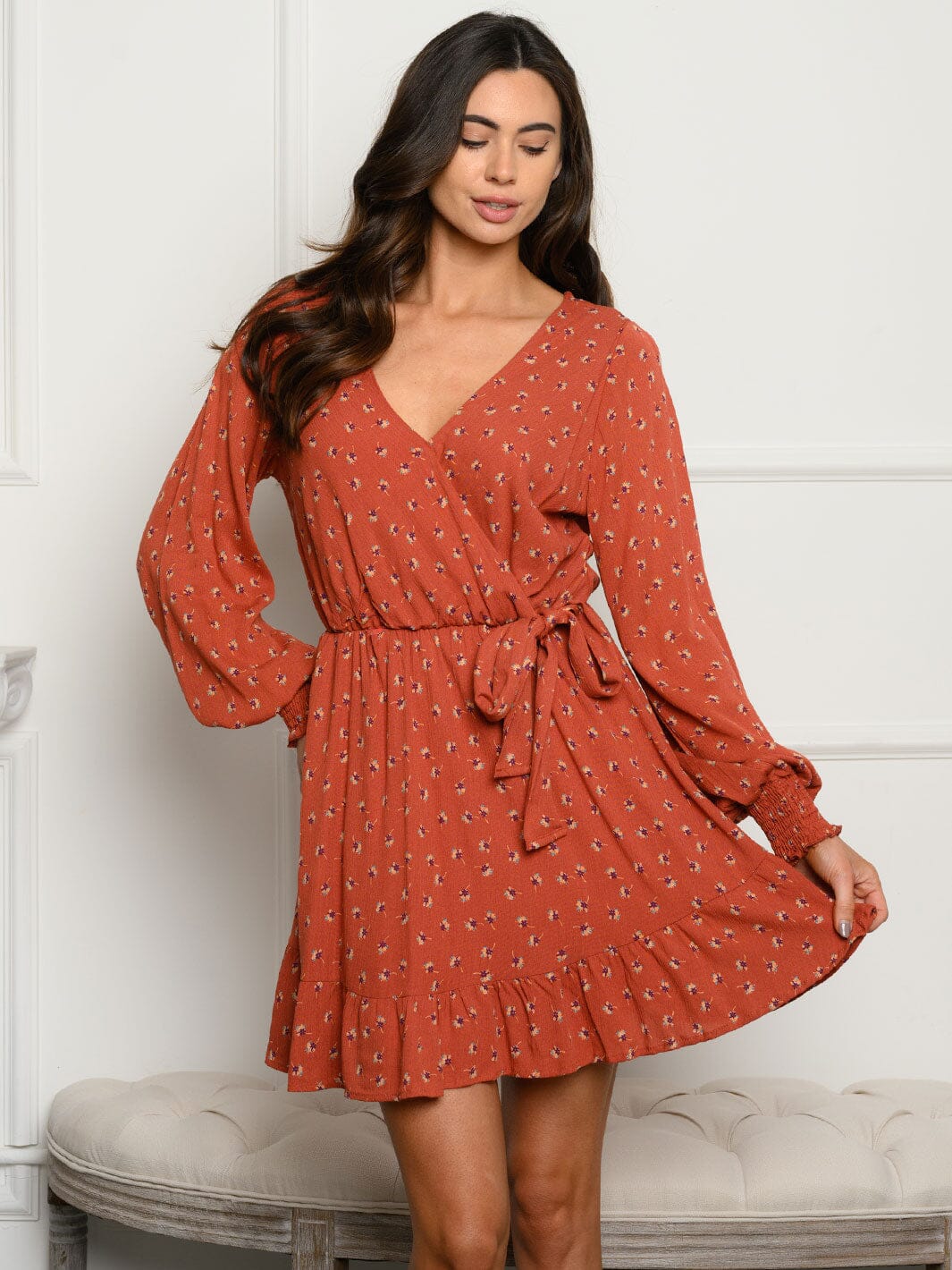 WOMEN'S LONG SLEEVE FLORAL MINI DRESS