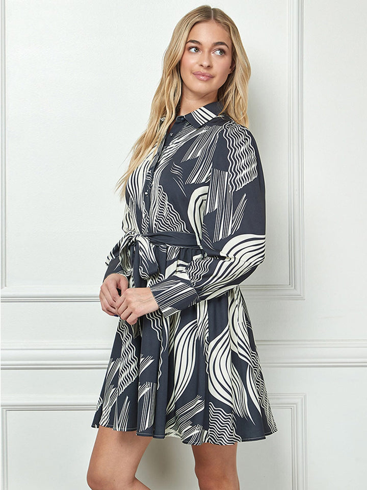 WOMEN'S LONG SLEEVE BUTTON UP SELF TIE PRINTED MINI DRESS