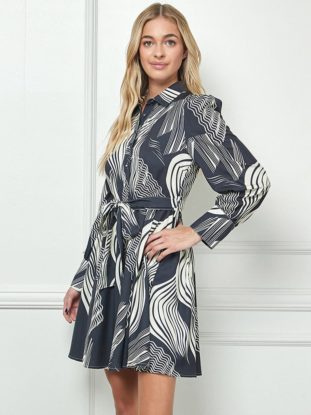 WOMEN'S LONG SLEEVE BUTTON UP SELF TIE PRINTED MINI DRESS