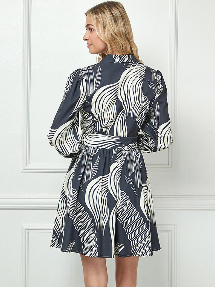WOMEN'S LONG SLEEVE BUTTON UP SELF TIE PRINTED MINI DRESS