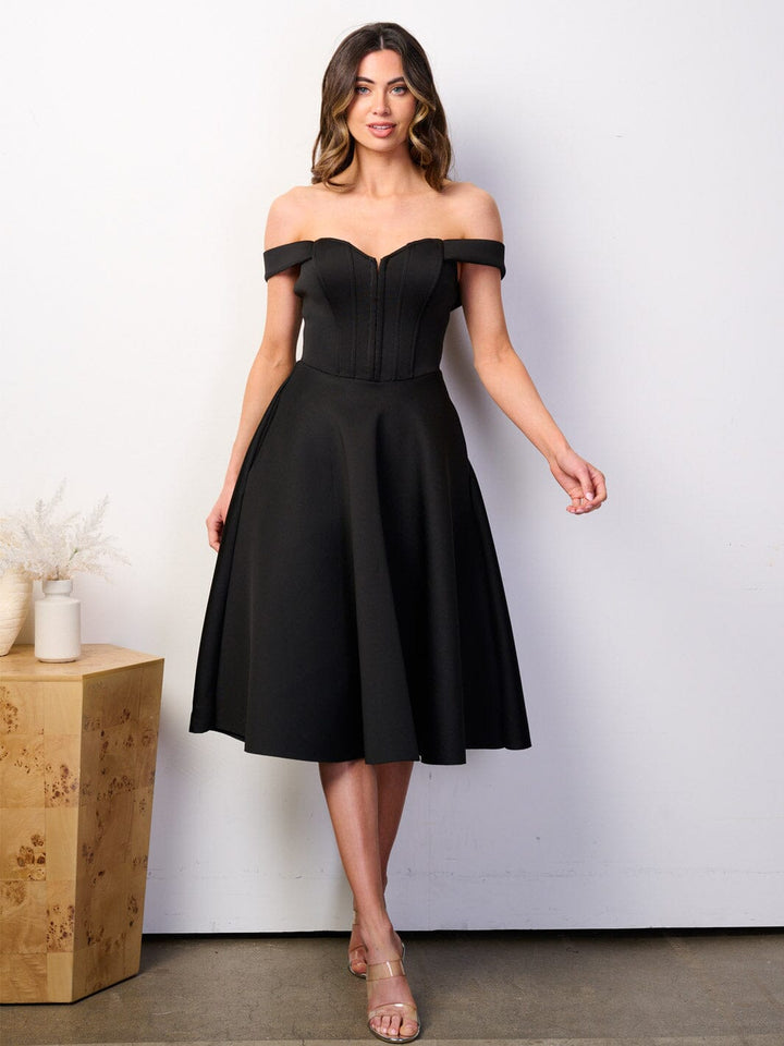 WOMEN'S OFF SHOULDER BUSTIER POCKETS FIT & FLARE BANDAGE MIDI DRESS